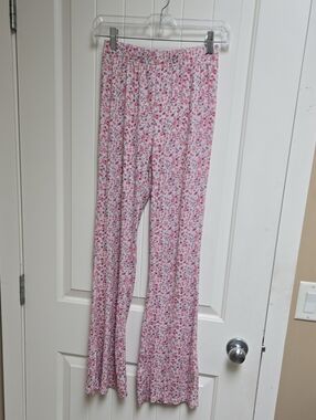 Forever 21 Women's Small Pink Flowers Floral Boot‑Cut Pants Stretchy